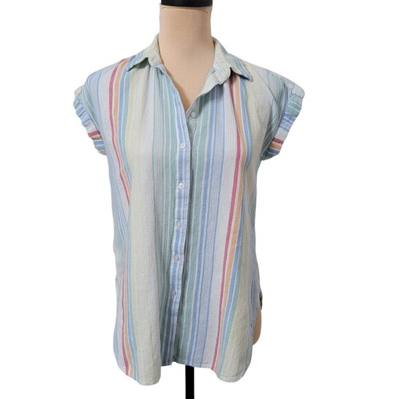 LOFT Outlet Size XS Washed Multi Color Striped Button Down Short Sleeve Shirt - Picture 1 of 11